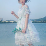 Star Fish & Shells ~ Sweet Printed Lolita Dress Cold Shoulder Short Sleeve Party Dress