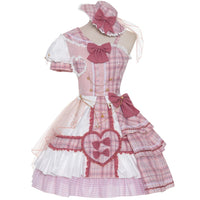 Pink Attack ~ Sweet Lolita Skirt and Top Set Plaid Asymmetrical Short Sleeve Full Set