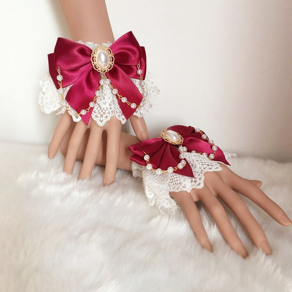 Sweet Lolita Lace Cuffs Cute Bracelets Hand-wear with Satin Bow