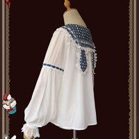 Sweet Lolita Chiffon Blouse Long Sleeve White Top with Polka Dot Rabbit Ear Collar
