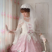 Floating Feather ~ Sweet Embroidered Lolita Veil Fingertip Bridal Veil With Lace Trimming
