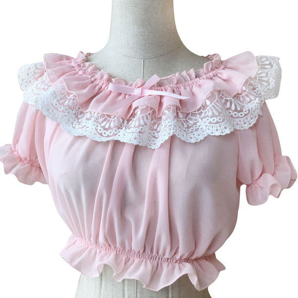 2019 Womens Chiffon Crop Top Summer Short Sleeve Blouse with Lace Detailing