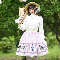 Sweet Butterfly Printed A line Skirt Mori Girl Short Checkered Skirt with Lace Trimming