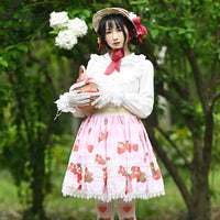 Sweet Short Pink Skirt Mori Girl Strawberry Printed A line Lolita Skirt