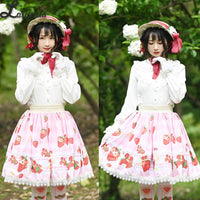 Sweet Short Pink Skirt Mori Girl Strawberry Printed A line Lolita Skirt