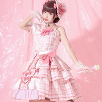 Pink Attack ~ Sweet Lolita Skirt and Top Set Plaid Asymmetrical Short Sleeve Full Set