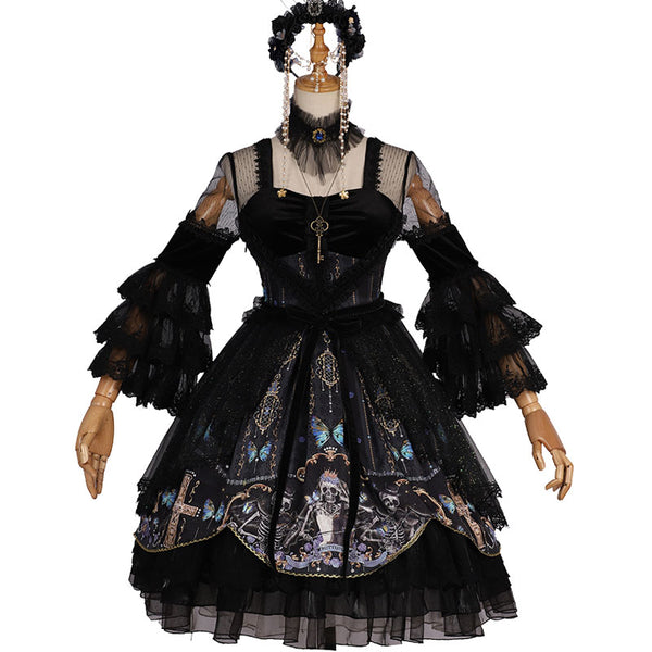 Skull & Butterfly ~ Gothic Sheer Sleeve Lolita Dress Gorgeous Party Dress by YLF