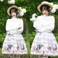Sweet Butterfly Printed A line Skirt Mori Girl Short Skirt with Lace Trimming