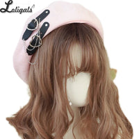 Fashion Beret Hat Black Cool Lolita Hat with Heart & Chain