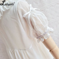 White Women's Chiffon Blouse Short Sleeve Lolita Top by Yilia