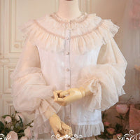 Sweet White Lolita Blouse Vintage Sheer Long Sleeve Chiffon Shirt for Women