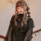 Women's Lolita Blouse with Cape Long Sheer Striped Sleeve Chiffon Shirt by Dolly Delly