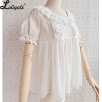 White Women's Chiffon Blouse Short Sleeve Lolita Top by Yilia