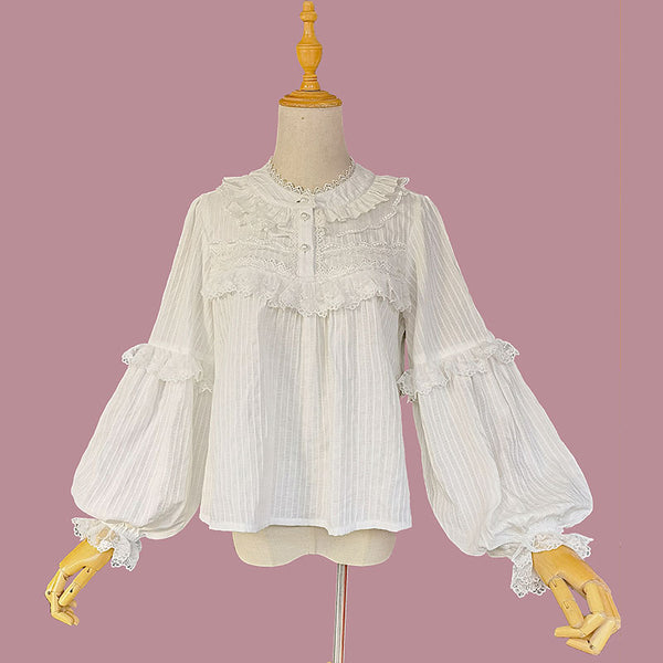 Cotton Cloud ~ White Lolita Blouse Long Lantern Sleeve Top by Infanta