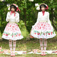 Sweet Short Pink Skirt Mori Girl Strawberry Printed A line Lolita Skirt