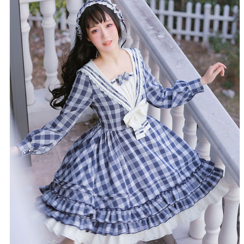 The Rhine River ~ Classic Sailor Collar Long Sleeve Plaid Lolita Dress The Rhine River ~ Classic Sailor Collar Long Sleeve Plaid Lolita Dress