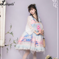 Jade Palace ~ Qi Style Long Sleeve Lolita Dress Printed Fairy Retro Chiffon Dress