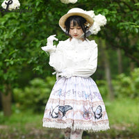 Sweet Butterfly Printed A line Skirt Mori Girl Short Skirt with Lace Trimming
