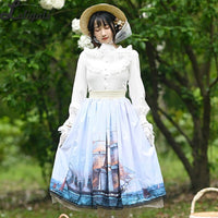 Sailing ~ Elegant Long Skirt Ship Printed Lady's Midi A line Lolita Skirt