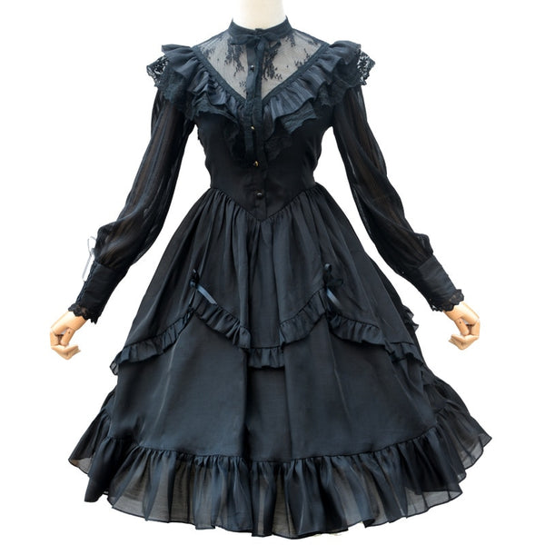 Vintage Long Sheer Sleeve Casual Dress Lace Ruffled Illusion Neck Midi Gothic Party Dress