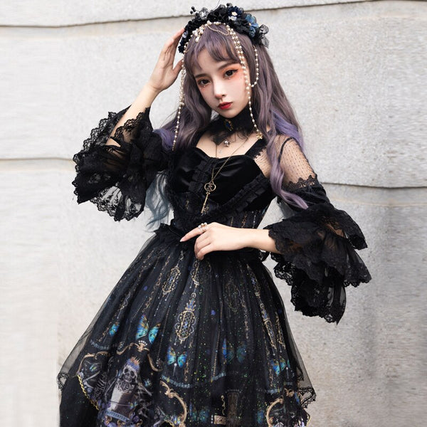 Skull & Butterfly ~ Gothic Sheer Sleeve Lolita Dress Gorgeous Party Dress by YLF
