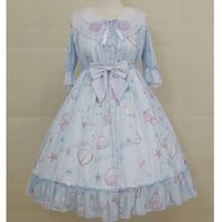 Star Fish & Shells ~ Sweet Printed Lolita Dress Cold Shoulder Short Sleeve Party Dress