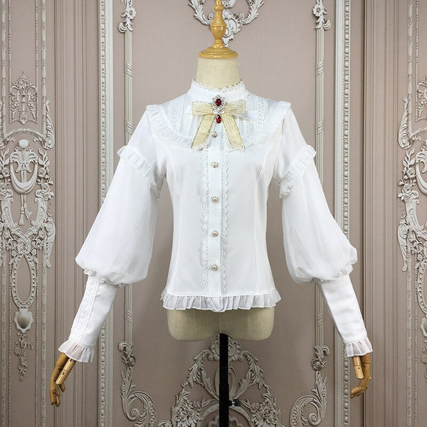 Vintage Bishop Sleeve Lolita Top Stand Collar Chiffon Blouse