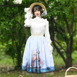 Sailing ~ Elegant Long Skirt Ship Printed Lady's Midi A line Lolita Skirt