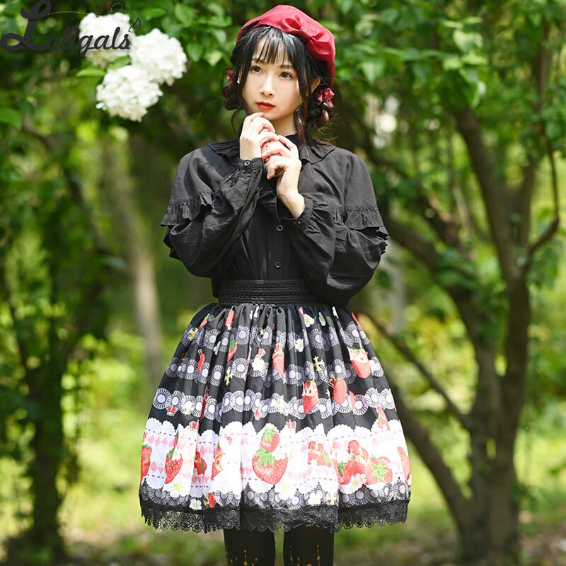 Sweet Short Black Skirt Mori Girl Strawberry Printed A line