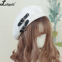 Fashion Beret Hat Black Cool Lolita Hat with Heart & Chain