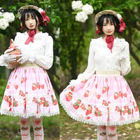 Sweet Short Pink Skirt Mori Girl Strawberry Printed A line Lolita Skirt