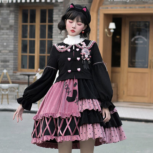 Strawberry Bomb ~ Sweet Color Block Lolita JSK Dress with Long Sleeve Jacket