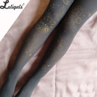 Time Machine ~ Vintage Clock Printed Lolita Pantyhose Gold Stamped Patterned Tights Blue Gray Red White
