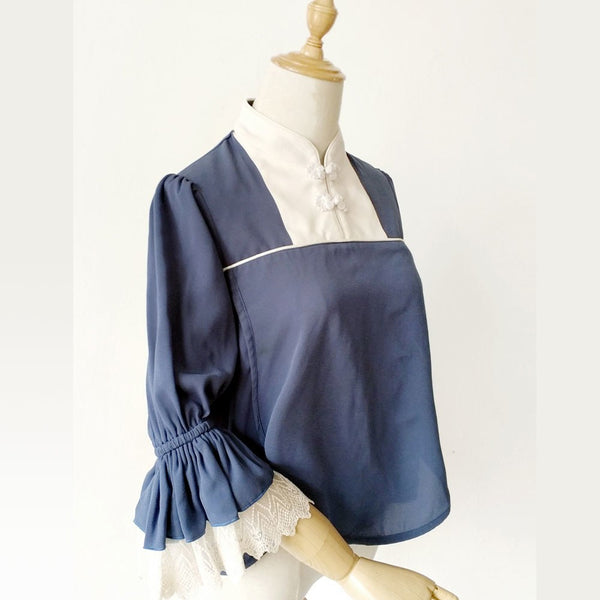 Spring in Pear Orchard ~ Chinese Style Women's Blouse with Mandarin Collar by Infanta