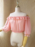 Sweet Women's Off the Shoulder Crop Top Bishop Sleeve Dotted Sheer Chiffon Blouse for Summer