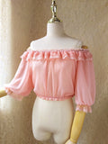 Sweet Women's Off the Shoulder Crop Top Bishop Sleeve Dotted Sheer Chiffon Blouse for Summer