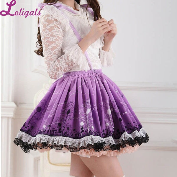 Romantic Purple Dandelion Printed Sweet Lolita Pleated