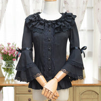 Lolita White Flare Long Sleeve Ruffled Chiffon Slim Fitting Sweet Blouse for Lady