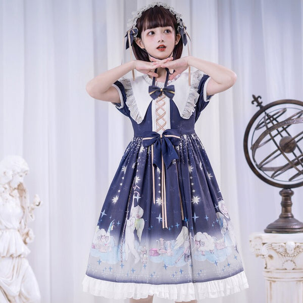 Little Prince ~ Sweet Short Sleeve Lolita Dress Pointed Collar Chiffon Party Dress