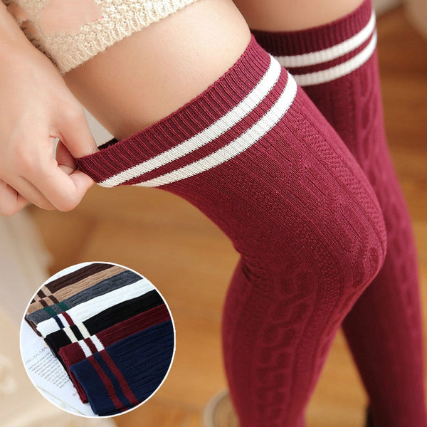 Twist Vertical Striped Thigh High Stockings Sweet Over the Knee Stockings for Women