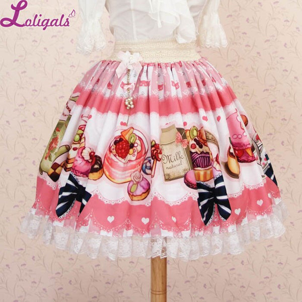 Sweet Pink Afternoon Tea Party Lovely Printed Lace Lolita Short Skirt with Bow for Girl