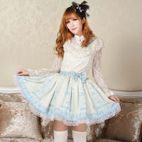 Sweet Lolita Princess Nightingale in Cage Printed Light Sky Blue A line Skirt with Lace Trim and Bow