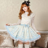 Sweet Lolita Princess Nightingale in Cage Printed Light Sky Blue A line Skirt with Lace Trim and Bow