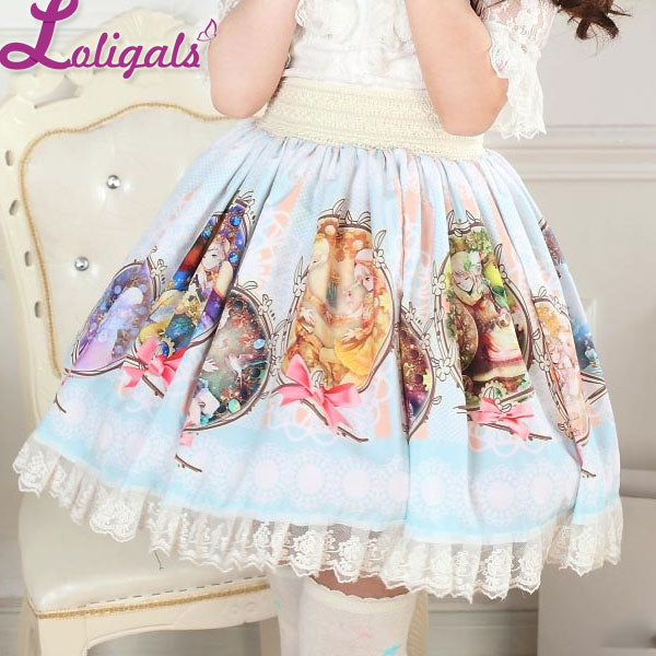 Light Sky Blue Sweet Zodiac Sign Printed Girl s Lovely Pleated Short Lolita Skirt with Lace Trimming M