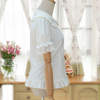 Sweet Lolita Shirt Short Puff Sleeve Flower Embroidered Peter Pan Collar White Ruffle Blouse for Ladies