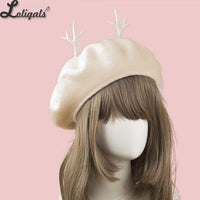 Sweet Women's Red Christmas Berets Deerhorn Wool Beret Hat for Girl