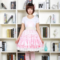 Sweet Soft Girl Short Skirt Pink Cherry Blossoms and Cat Printed Ruffled Lolita Skirt