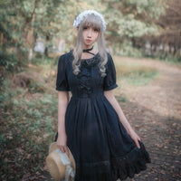 Sweet Short Sleeve Lolita Dress Jacquard Casual White/Black Plaid Dress for Summer