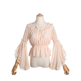 Sweet Women's Chiffon Blouse Flare Sleeve Cross Neck Lolita Top for Summer