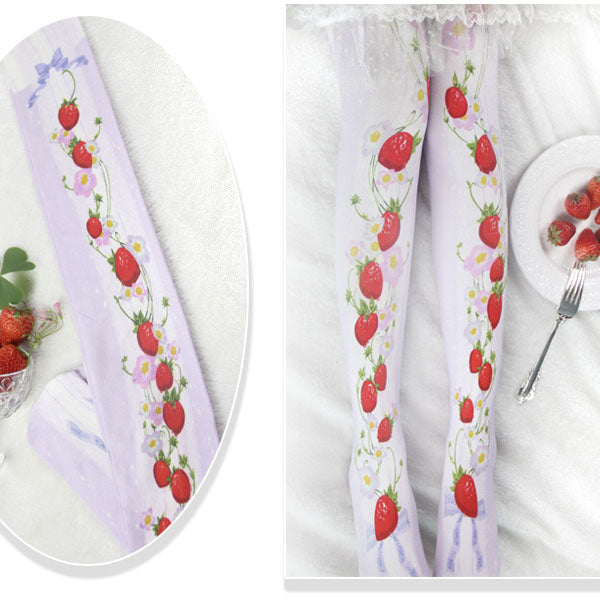 Branded Strawberry Garden & Star Printed Lolita Tights Sweet 80D Summer Pantyhose